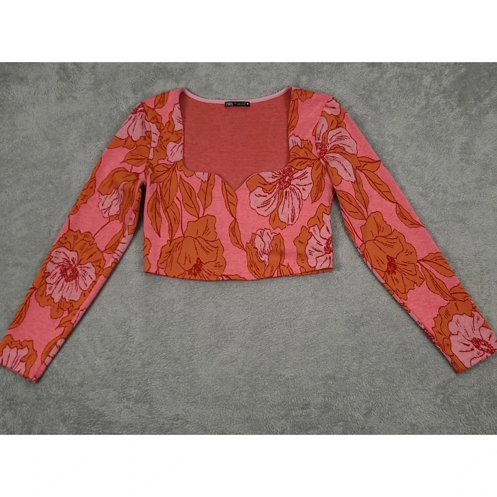 Zara Floral Sweetheart Jacquard Crop Top L‎ Long Sleeve Pink Orange Blogger Fav